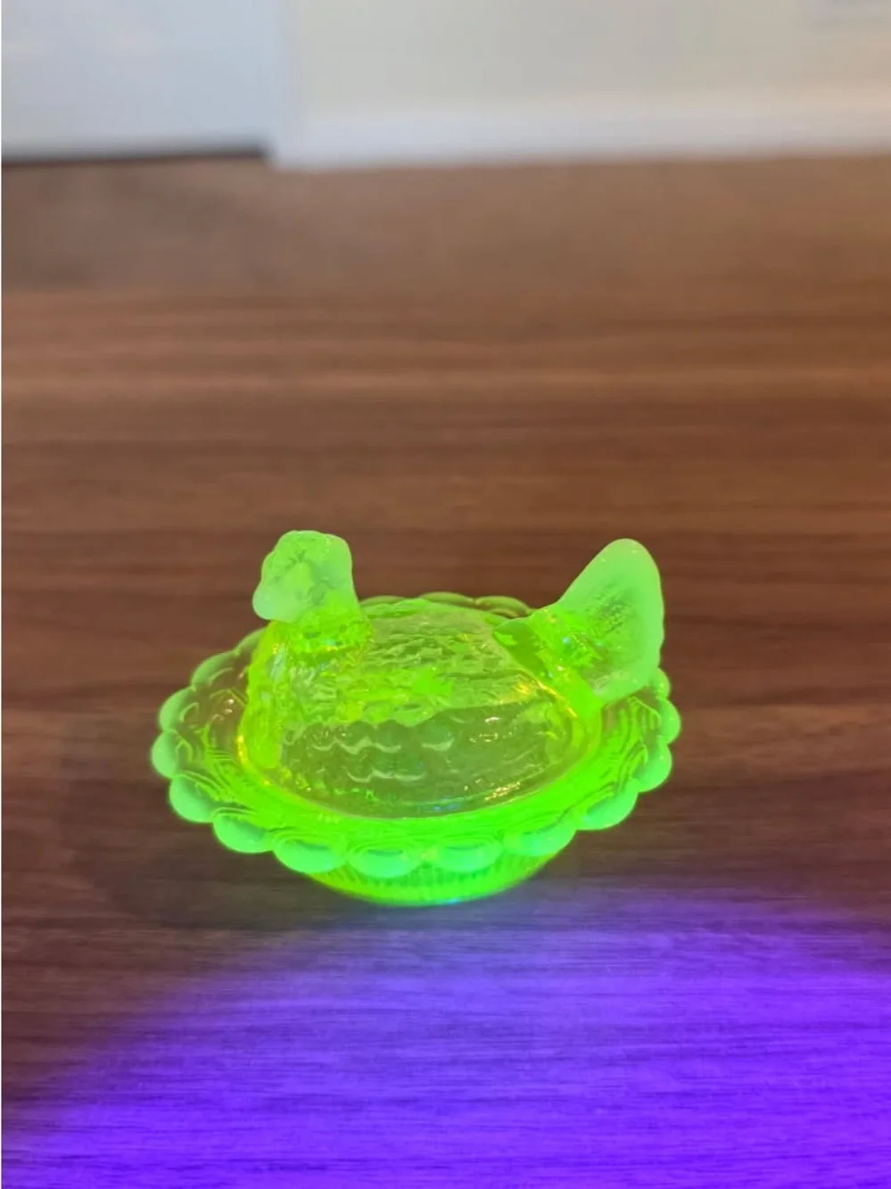 Mosser Mini Hen on Nest Uranium Vaseline Opalescent Glass M Marked